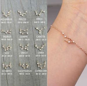 Charm Armbands kartongstjärna Zodiac Sign 12 Constellation Armband Crystal Charm Gold Color Chain Armband för kvinnor Födelsedagsmycken gåvor Z0426