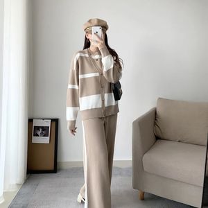 Women's Two Piece Pants Striped Knitted 3 Sets Outfits 2023 Casual Sleeveless Vests Chic Long Sleeve Cardigan Loose Pant 231124