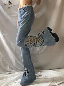 Джинсы Y2K Floral Cut Out Flare Jeans Tassel Vintage с низкой талией голубые брюки Женщины хараджуку эстетические брюки мод