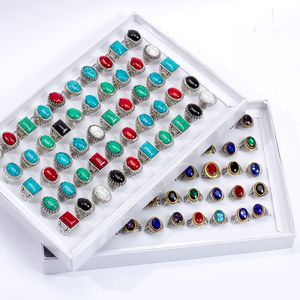 Bulk 20st/Lot Mens Kvinnor Vintage Metal Glass Turquoise Stone Band Rings for Party Gift Wholesale Jewelry