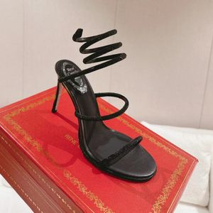 Rene caovilla Sandalias de tacón de aguja con pedrería Cleo 95 mm Cabeza cuadrada Serpiente Strass Tobillo Estilete envolvente Zapatos de diseñador de lujo para mujer con caja