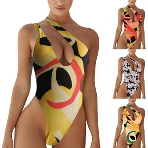 Menas de banho feminina Senhoras multicoloridas sem mangas One ombro Sexy Swimsuit Bikini biquíni shorts