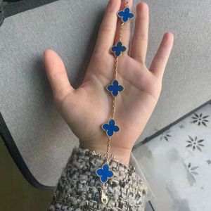 Designer-Ohrringe 4/Vierblättriges Kleeblatt-Charm, hohe Version, vierblättriges Kleeblatt, fünf Blumen-Armband, Damen-Armband aus blauem Achat, K-Roségold, Knochenkette, Südkorea