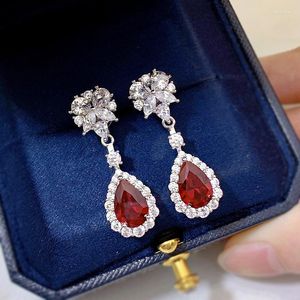 Kolczyki na stadninach luksus 925 Sterling Srebrny Czerwony Corundum 7 10 mm ruby ​​kropla dla kobiet pełne laboratorium Diamond Party Wedding Ear Biżuteria