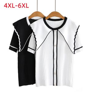 T-shirt Ny 2022 Ladies Summer Plus Size Tops för kvinnor stor storlek Kort ärm Slim Elastic Black White Knit Tshirt 4xl 5xl 6xl