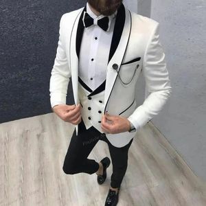 Men's Suits Slim Fit Casual Men 3 Piece Groom Tuxedo For Wedding Prom Burgundy And White Male Fashion Costume Jacket Waistcoat Pants