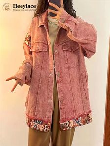 Kvinnorjackor Spring Women's Jacket Korea Style Vintage Loose Sweet Cool Pink Patchwork Tooling Vestidos Denim Jeans Coat for Women 230426