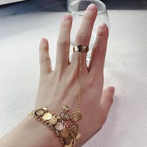 Link pulseiras lua jóias árabe oriente médio áfrica ouro cor cobre moeda pulseira conectada ao anel ajustável para mulher