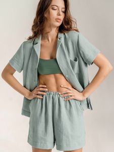 Menas de dormir femininas Hiloc 100% algodão em casa para mulheres lapela de lapela de pijama de peito de peito com shorts Pure Color Sleepwear com bolso 230425