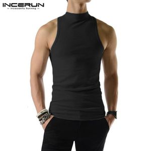 Tanques masculinos tops de tanques de tampas de cor de cor sólida com gola alta de gola alta de gola mangas coletes de malha casual massache moda moda masculina Incerun s5xl 230425