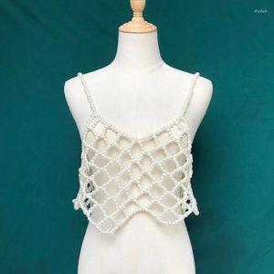 Women's Tanks Womens Imitation Pearl Beaded Camisole Crop Top Sexy Hollow Out Mesh Net V-Neck Mini Vest For Tank Body Jewelry Harness F0T5