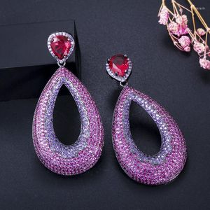 Brincos de berros Três graças de luxo rosa roxo cúbico zirconia cristal longa gota para mulheres jóias de baile da moda ER721