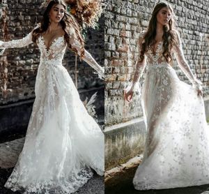 Abiti da sposa in pizzo floreale country rustico A Line per le donne con maniche lunghe Sexy scollo a V profondo Nude Boho Abiti da sposa Plus Size Festa di ricevimento Robes de Mariee CL2206