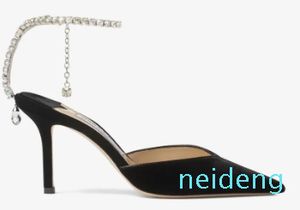 Brud High Heels Women Dress Sandals Pump Bekväma MM HEAL SAEDA SEXY POINTE TOE SLING BACK STRASS ANKLE RAP CHAIN ​​RHINESTONE