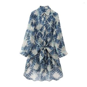 Vestidos casuais verão moda feminina temperamento lapelas mangas compridas assimétricas bainha ramie atada mini vestido