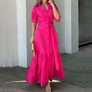 Sukienki swobodne liyong kobiety maxi sukienka moda elegancka lapowa lapa z długim rękawem w górę podeple talia plisowana solidna kolorowa sukienki z High Streetwear 230425