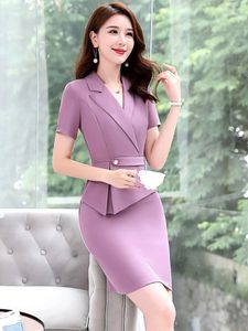 Damen Anzüge Blazer Bürodame Kleid Anzüge Frauen Formelle Geschäftsarbeit Stil Kurzarm Nothed Kragen Mode Kleid Blazer Set Weibliche Kleidung 230426