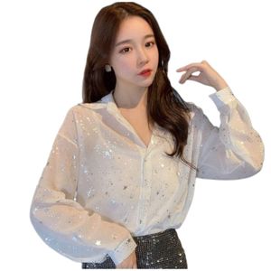 Blusa feminina de manga longa de verão estrelas dourada camisa solta de manga longa SMLXL