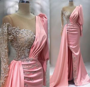 2023 april Aso Ebi Pink Mermaid Prom Dress Lace Pärled Sexig Satin Evening Formal Party Second Reception födelsedagsengagemang klänningar klädrock de soiree zj656