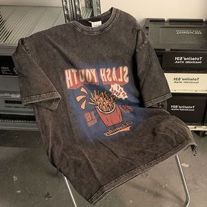 メンズTシャツアメリカンハイストリートレトロ古いネクタイフライドフライドフライド型ショートスリーブのTシャツ男性と女性トレンディヒップホップハーフスリーブトップ230425