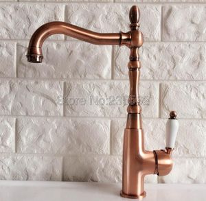 Kitchen Faucets Antique Red Copper Sink Faucet Washbasin Ceramic Lever Cold & Water Mixer Bathroom Taps Deck Mounted Lnf419