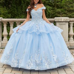 Sky Blue Błyszcząca suknia balowa quinceanera sukienka z ramion gorset koronkowe aplikacje koraliki sweet 16 sukienka vestidos de xv anos 15