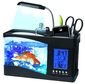 Tanks USB Mini Aquarium Fish Tank Aquarium med LED Desk Lamp Light LCD Display Screen Clock Fish Tank Aquarium Ecosystem