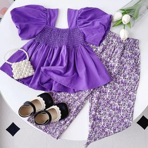 Kläduppsättningar Småbarn Girls Solid Purple Bubble Sleeve Ruffle Top och Floral Pants Söt tröja Girl Juniors Winter Clothes Teen Teen