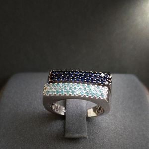 Cluster Rings S925 Sterling Silver Ring July Style Pure Lake Blue Diamond Double Layer Rectangular Female Bohemian