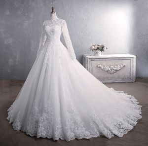 2024 Abito da sposa musulmano modesto maniche lunghe Elegante collo alto con strascico Abiti da sposa principessa Abito da sposa ricamato in pizzo di lusso Vestido De Noiva