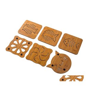 Mats Pads Cartoon Hollow Wooden Coaster Tischset Antiskid Pad Bottom mit Sile Kitchen Thicken Anti Insation Mat Tray Dbc Drop Del Dhszf