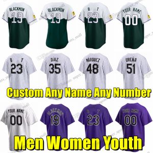 Özel S-6XL Kolej Beyzbol Formaları Giyiyor Kris 23 BRYANT CHARLIE BLACKMON ELIAS DIAZ Daniel Bard Jake Bird Ty Blach Noah Davis Jose Urena Ryan Feltner Freeland