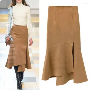 Skirts Sexy Multi Color Suede Midi Pencil Skirt Women Irregular 2023 Fashion Elastic High Waist Office Lady Bodycon Saias