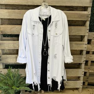 Trench da donna Cappotto di jeans bianco Giacca da donna Colletto lungo con risvolto Jeans Maglie con maniche strappate Top casual con bottoni