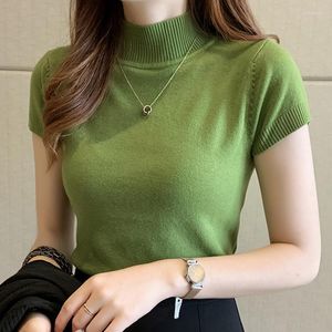 Women's Blouses 2023 Summer Womens Knitted T-shirts Half Turtleneck Short Sleeve Solid Shirts Female Pullover Sweater Tee Slim Women Tops