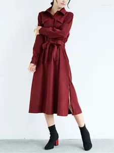 Casual Dresses Spring Autumn Elegant For Women Solid Lapels Single-Breasted Side Slit Belt Female Dress Coat Streetwear Clothing