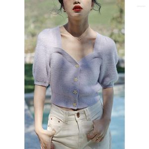 Women's Knits White Cardigan Women Summer 2023 Cropped Tops Purple Sweater Shirt Fashion Puff Sleeve V Neck Single Breasted Knitted