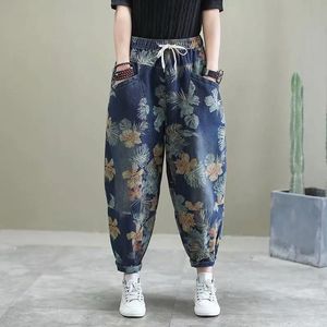 Jeans oversize Women Vintage Printing AnkleLength Harem Jeans High Waist Elastic Causal Denim Pants Trend Streetwear Korean Vaqueros