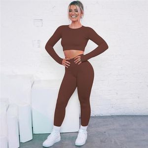 Yoga kıyafeti kesintisiz set kadınlar feamle iki 2 adet uzun kollu mahsul üst t-shirt tozluk sporu egzersiz spor salonu giyim fitness