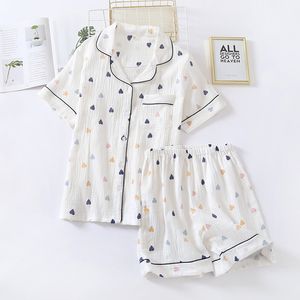 Women's Sleepwear Japanese summer ladies cotton gauze short sleeve shorts pajamas suit cute heart-shaped thin section home service suit woman 230425