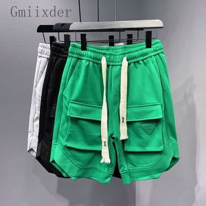 Men's Shorts Personality Shorts High Street Cargo Big Pocket Half Pants Green Leather Label Drawstring Casual Shorts Men's Youth Pants Capris 230426