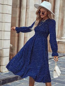 Klänningar 2022 Fall Winter Women's New Navy Blue High midje medium lång klänning för damer Casual Full Sleeve All Match Polka Dot Dresses