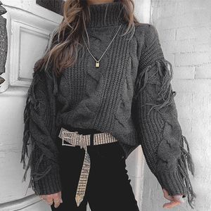 Kadın Sweaters Uzun Kollu Yüksek Yakalı Külot Örgü Örtü Sonbahar Kadın püskül kazak Kore Moda Knited Gevşek Kalın Üstler Siyah