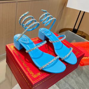 新しいRene Caovilla Cleo Stileetto Sandals Crystals Gem Embellied Heals Evening Shoes Women High Heeled Luxury Designers Party WrapAround Shoe 35-43バッグ付き