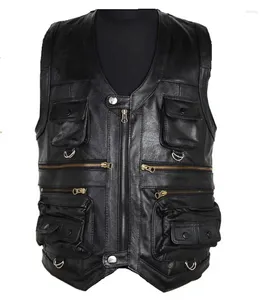 Men's Vests 2023 Men Multi Pocket Zipper Cowhide Genuine Leather Vest Brown Sleeveless Waistcoat For Casual Jacket Thick Motorcycle