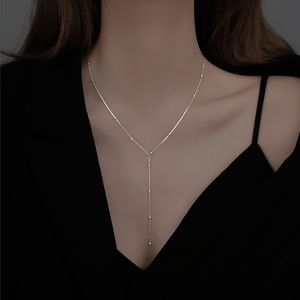 Strands Strings 925 Sterling Silver Round Bead Tassel Necklace Female Summer Simple Clavicle Chain Long Geometric Chain Woman Custom Jewelry 230426