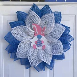 Decorative Flowers Easter Artificial Wreath Handmade DIY Two-tones Blue White Gnome Door Decor Hanging Garland Home Decoration 2023