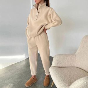 Kvinnors tvåbitar byxor Vintage Women Stand Collar Sweatshirt Sweatpants Trendy Pullover Set Solid Color Casual Simple Tracksuit 231124