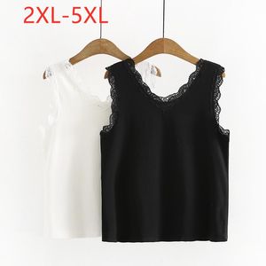 T-shirt Ny 2021 Ladies Spring Autumn Plus Size Knit Tank Tops för kvinnor Stor ärmlös Slim Elastic Lace Black Basic Vest 3XL 4XL 5XL