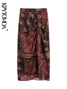 Dresses KPYTOMOA Women Fashion With Gathered Totem Print Slit Midi Skirt Vintage High Waist Back Zipper Female Skirts Mujer